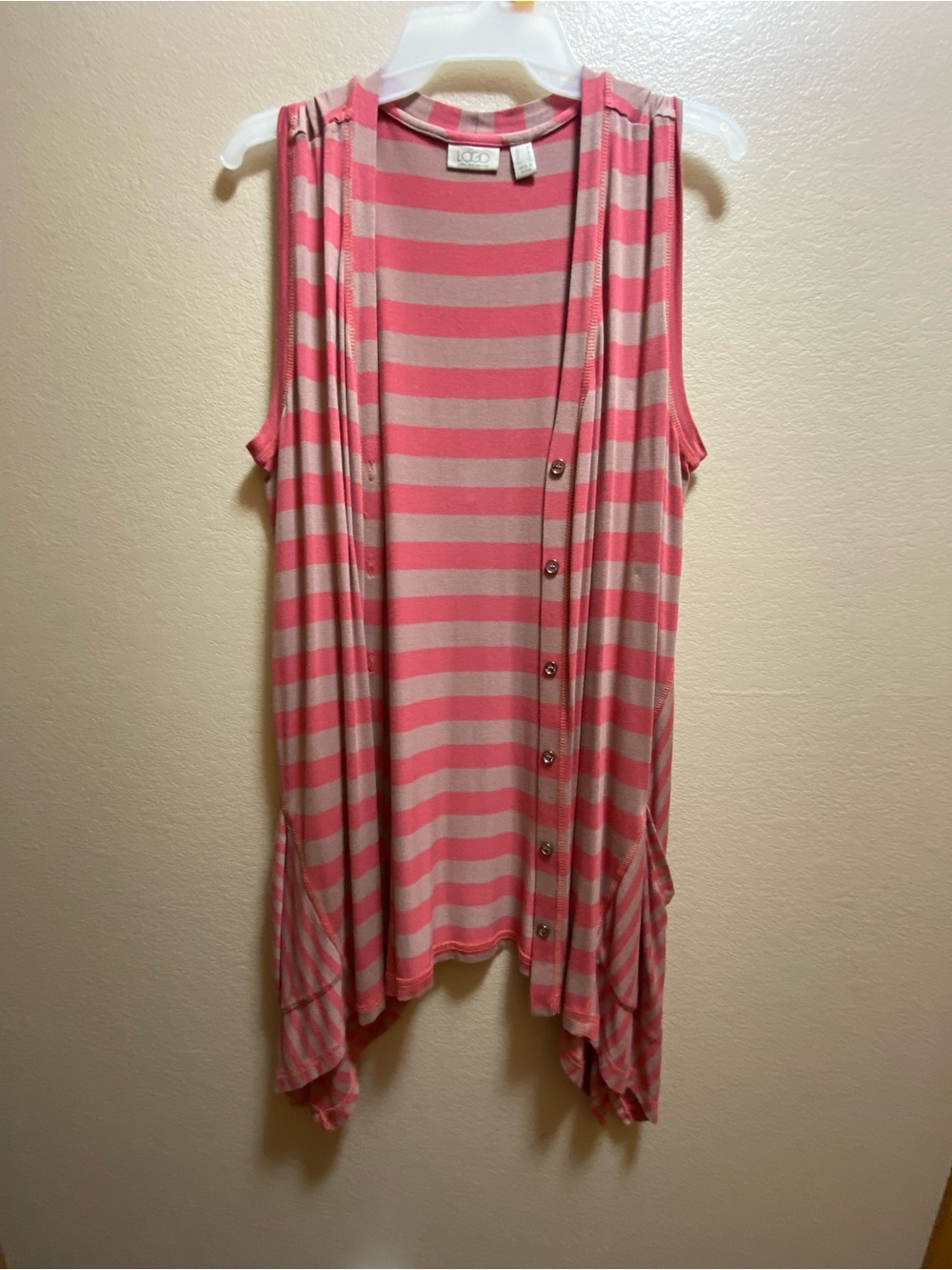 LOGO by Lori Goldstein Pink and Grey Striped Sleeveless Top Tunic Length Medium